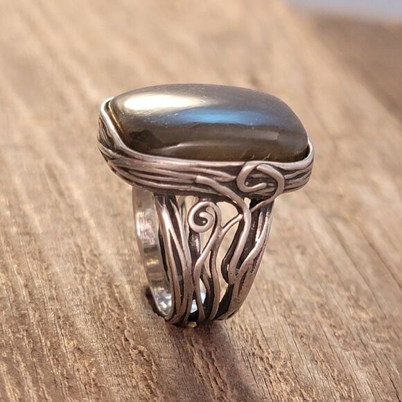 Sterling Paz Israel Labradorite Rextangle Bezel Set Organic Swirl Statement Ring - Picture 6 of 14
